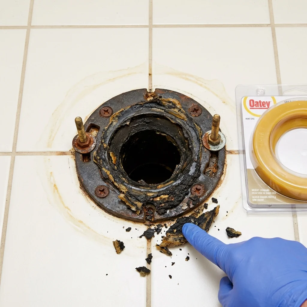 Failed wax ring showing water seepage at the base of a toilet in a Salem, OR home